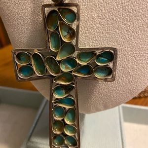 Artisan Jewelry - Turquoise stone cross shaped pendant on leather Artisan Jewelry - Turquoise stone cross shaped pendant on leather